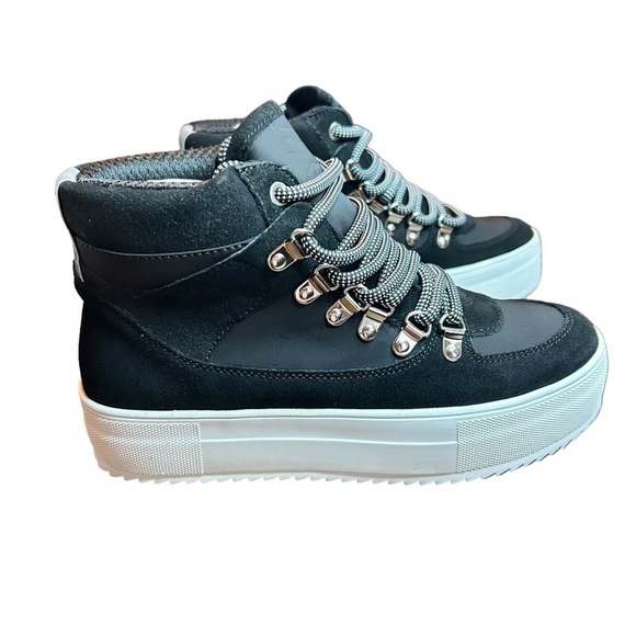 Aqua Shoes - AQUA Womens Black Mixed Media Bash Round Toe Platform Leather Sneakers 7.5